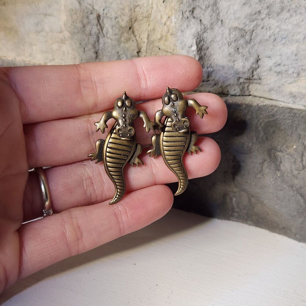 Vtg "JJ" Jonette Jewelry Brass 3D Alligator Crocodile Pierced Novelty Earrings